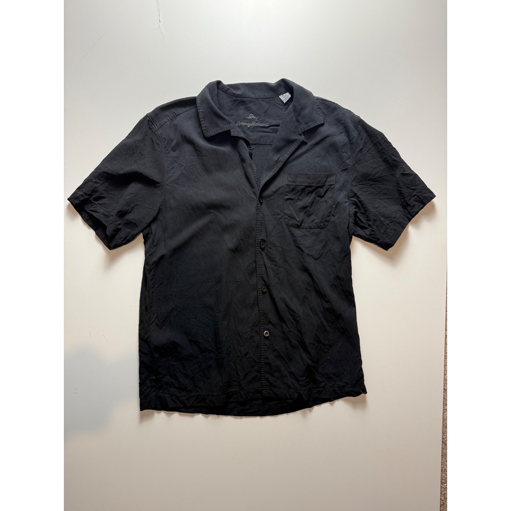 Tommy Bahama Mens Black 100% Silk Herringbone Short Sleeve Camp Shirt Size M
